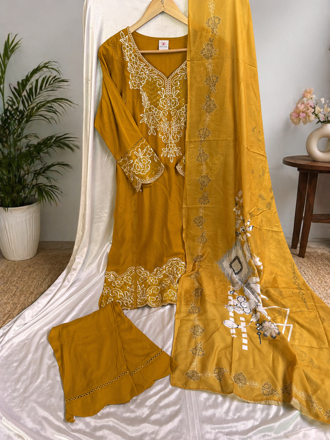 Mustard Yellow Embroidered Kurti Pant Set with Dupatta for Women