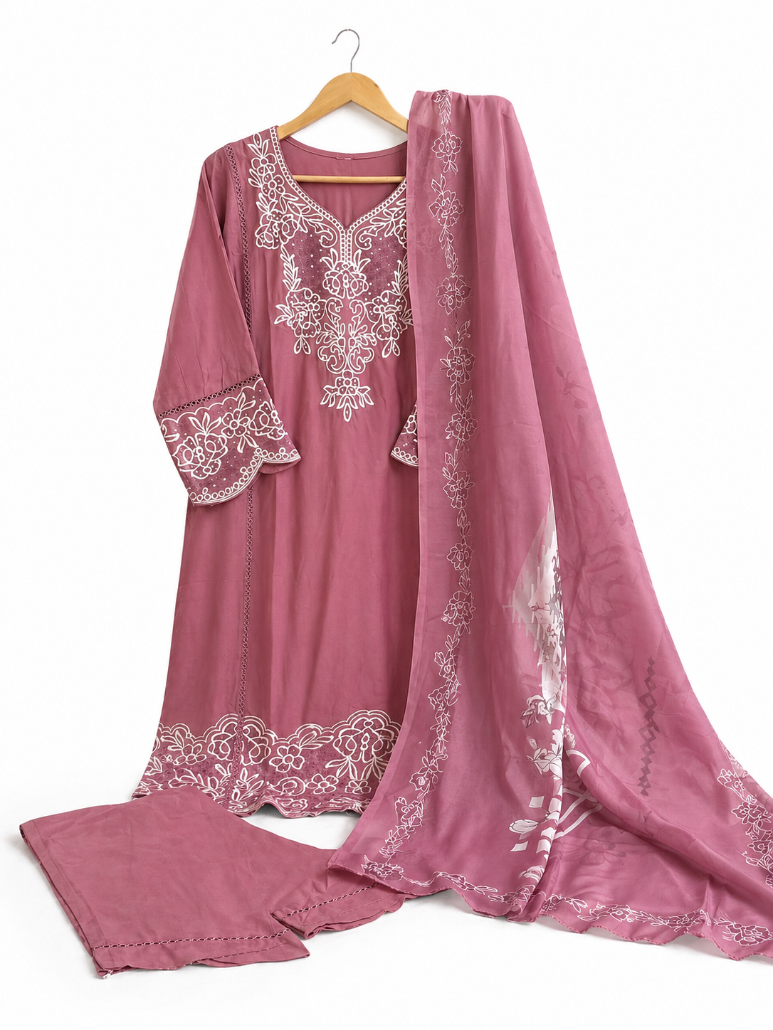 Dusty Pink Embroidered Kurti Pant Set for Women