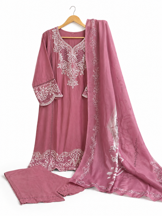 Dusty Pink Embroidered Kurti Pant Set for Women
