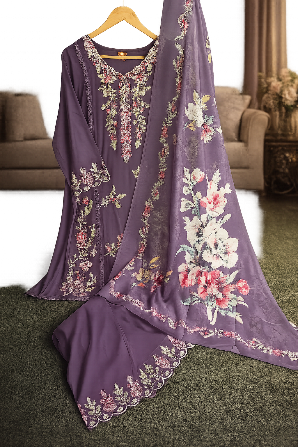 Purple Embroidered Kurti Pant Set with Dupatta