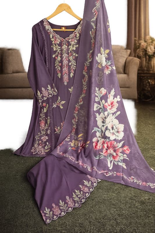Purple Embroidered Kurti Pant Set with Dupatta