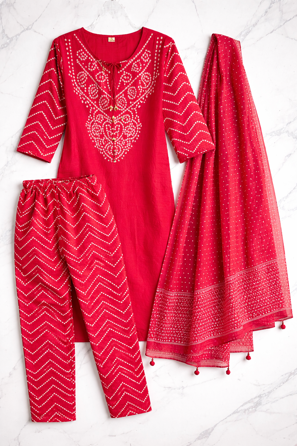 Pink Cotton Bandhani Kurti Pant Dupatta Set with Pocket