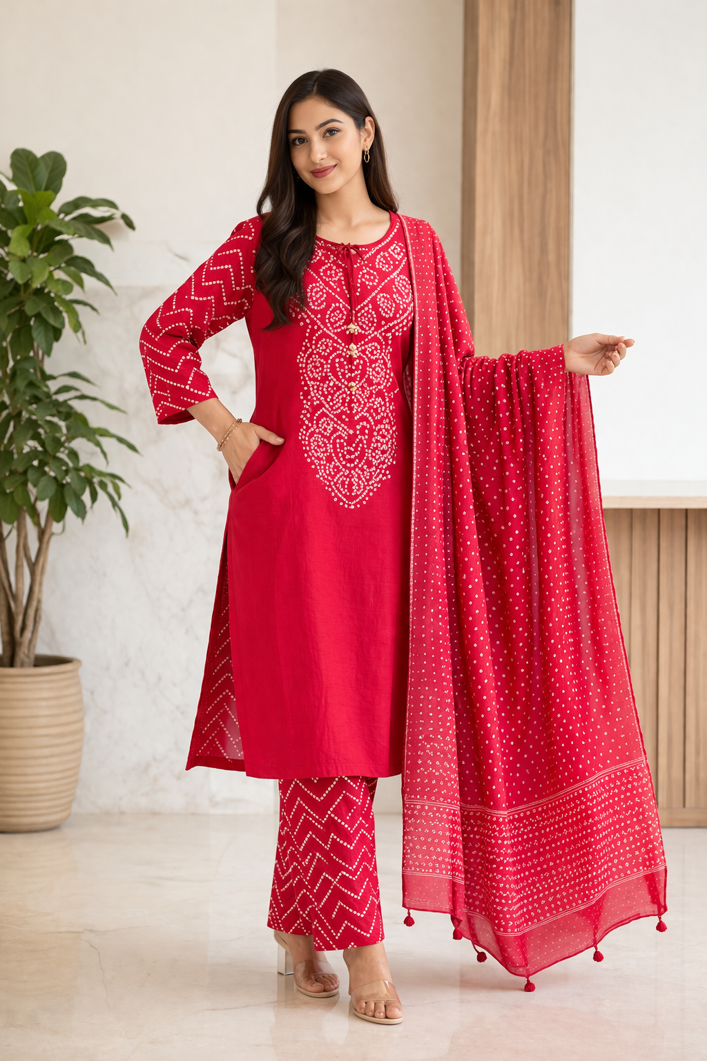 Pink Cotton Bandhani Kurti Pant Dupatta Set with Pocket