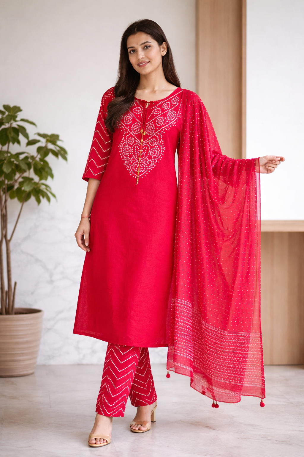 Pink Cotton Bandhani Kurti Pant Dupatta Set with Pocket