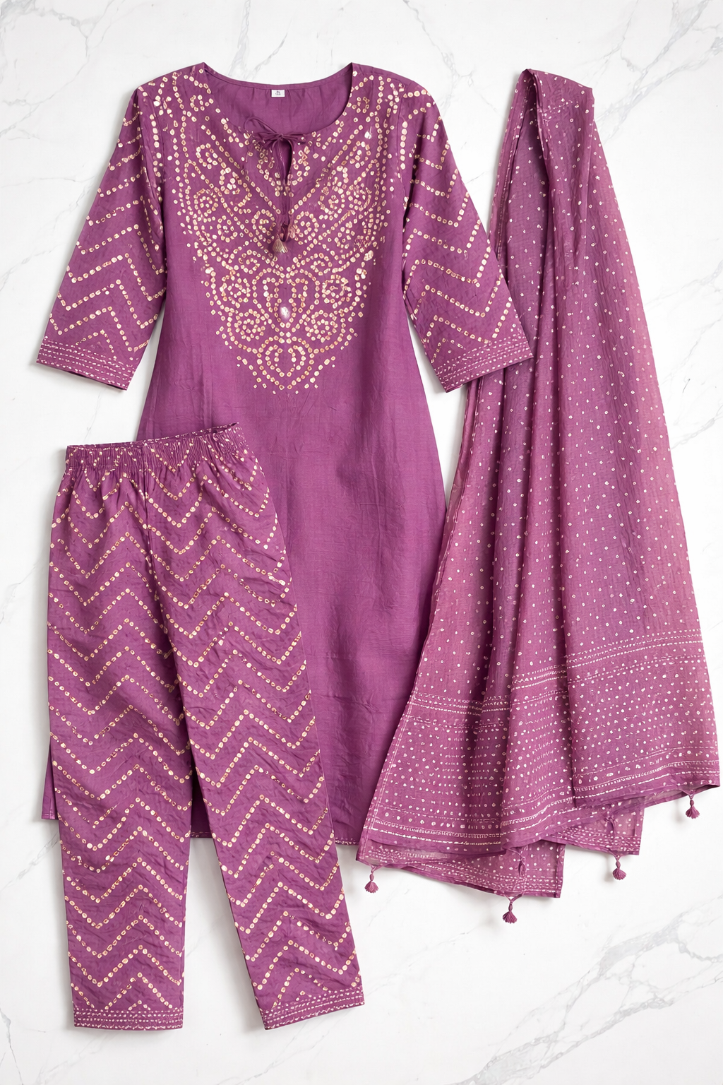 Mauve Cotton Bandhani Kurti Pant Dupatta Set with Pocket