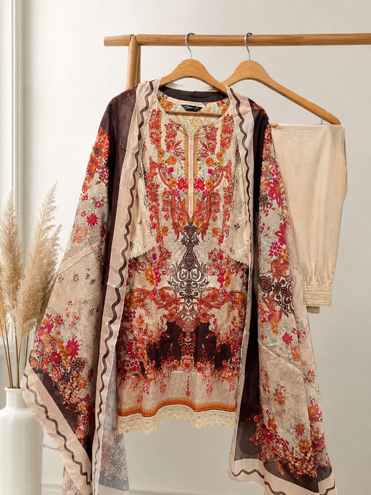 Lawn Suit Set  Ivory Rust Floral