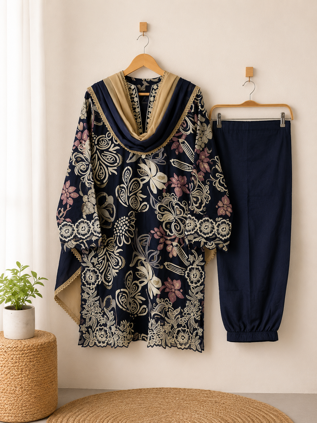 Ink Blue- Floral Cutwork Suit Set