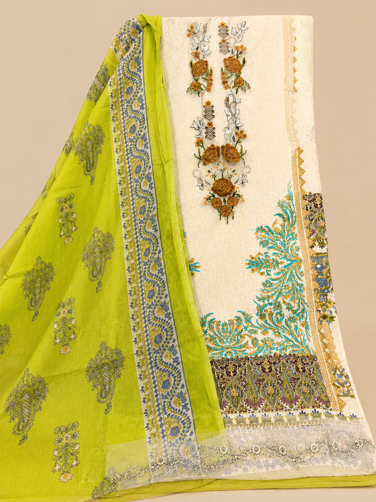 Gulnaar  green creem unstitched suit