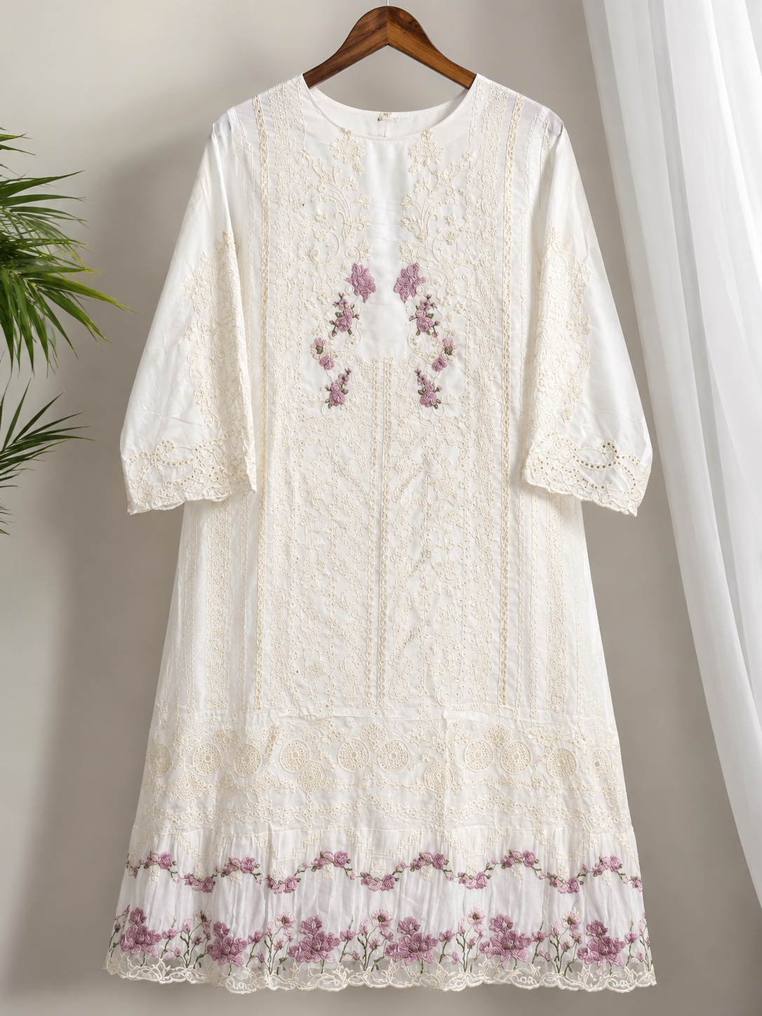 White Chikankari Kurti with Habuta Print Kota Doria Dupatta Unstitched Set