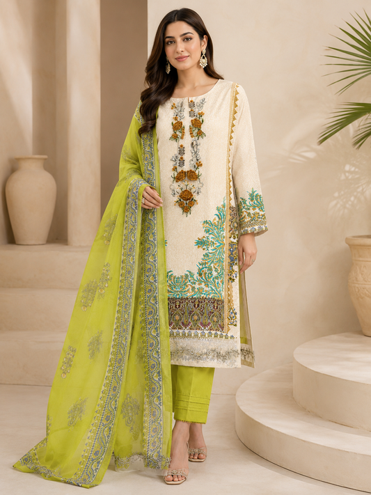 Gulnaar  green creem unstitched suit
