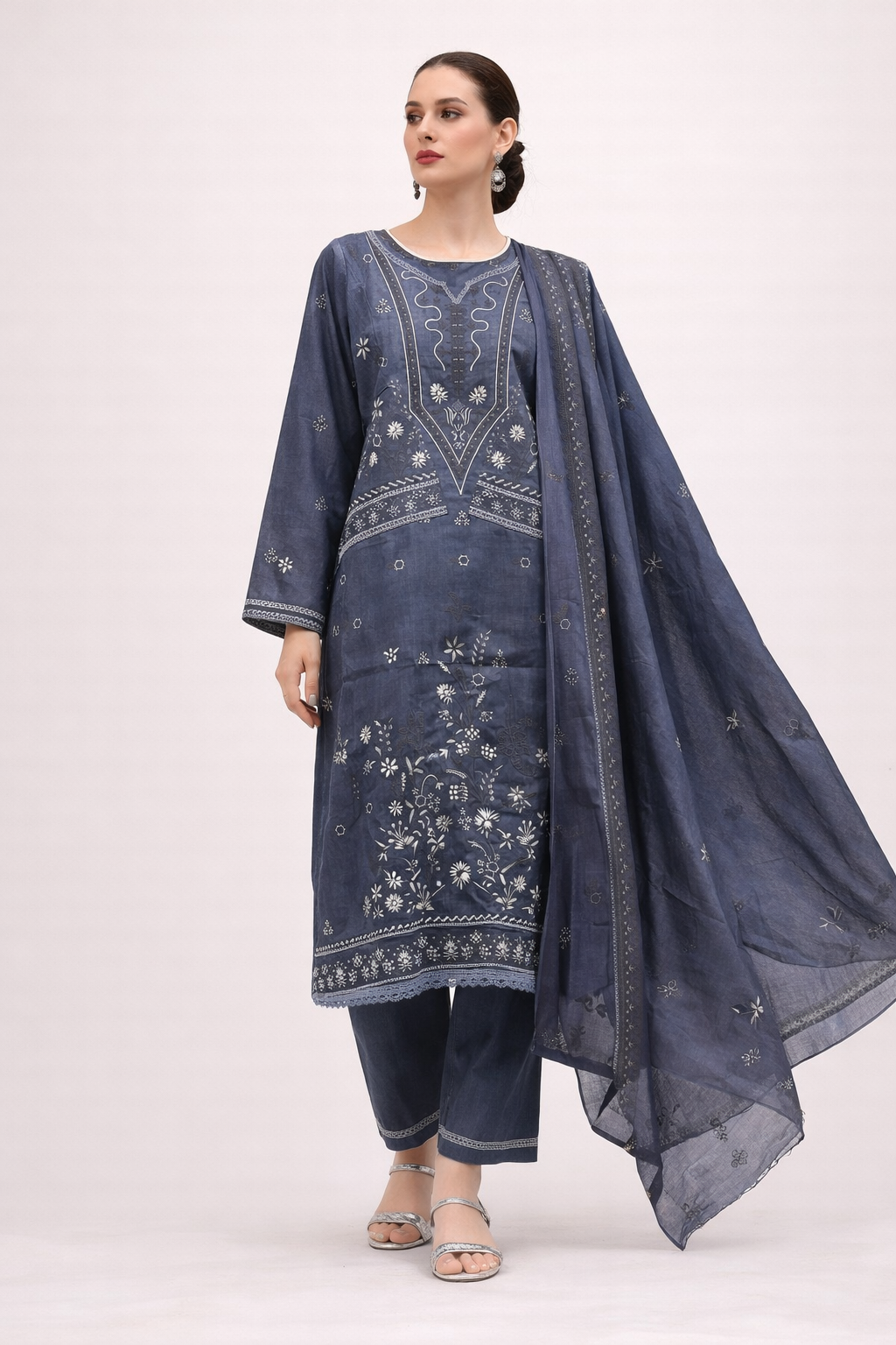 Blue-cotton lawn-kurta-set-dupatta