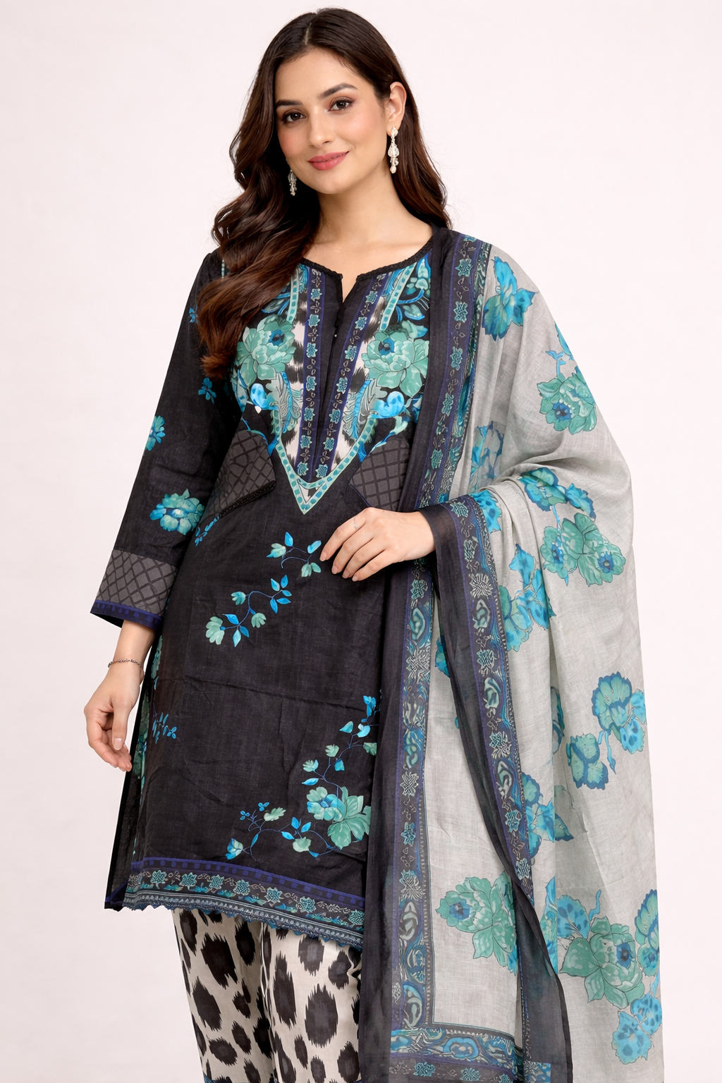 Black Blue Printed lawn Kurta for Women