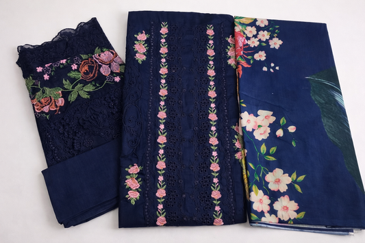 Navy Blue Embroidered Unstitched Suit with Floral Dupatta
