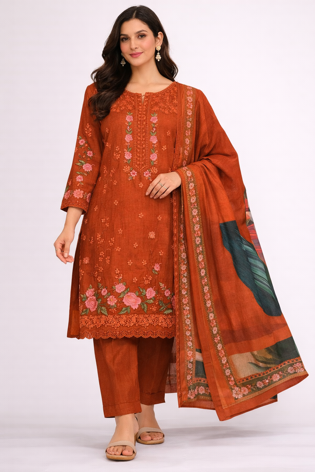 Rust Orange Embroidered Unstitched Suit Set