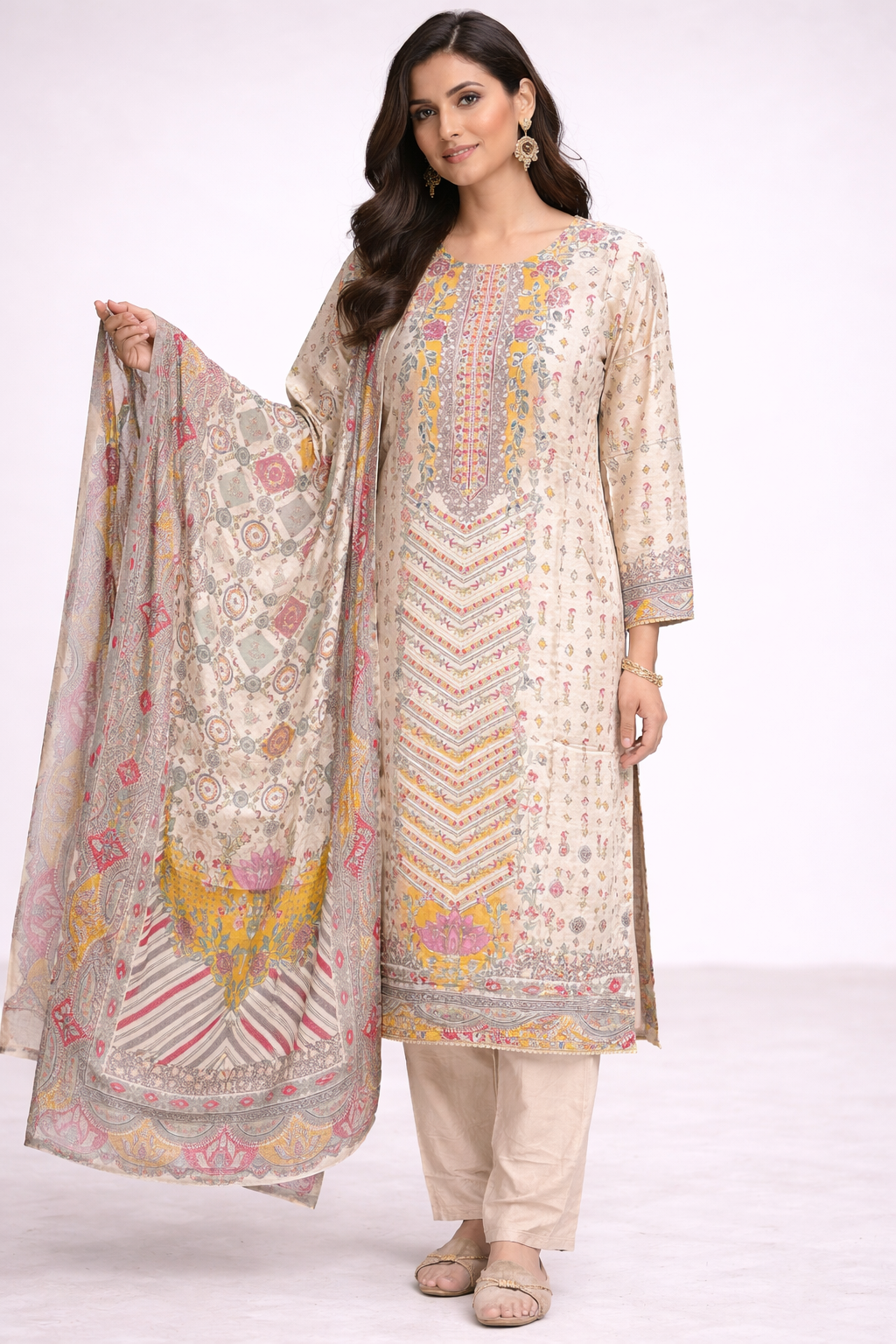Cream Premium Muslin Printed Kurta Set with Dupatta