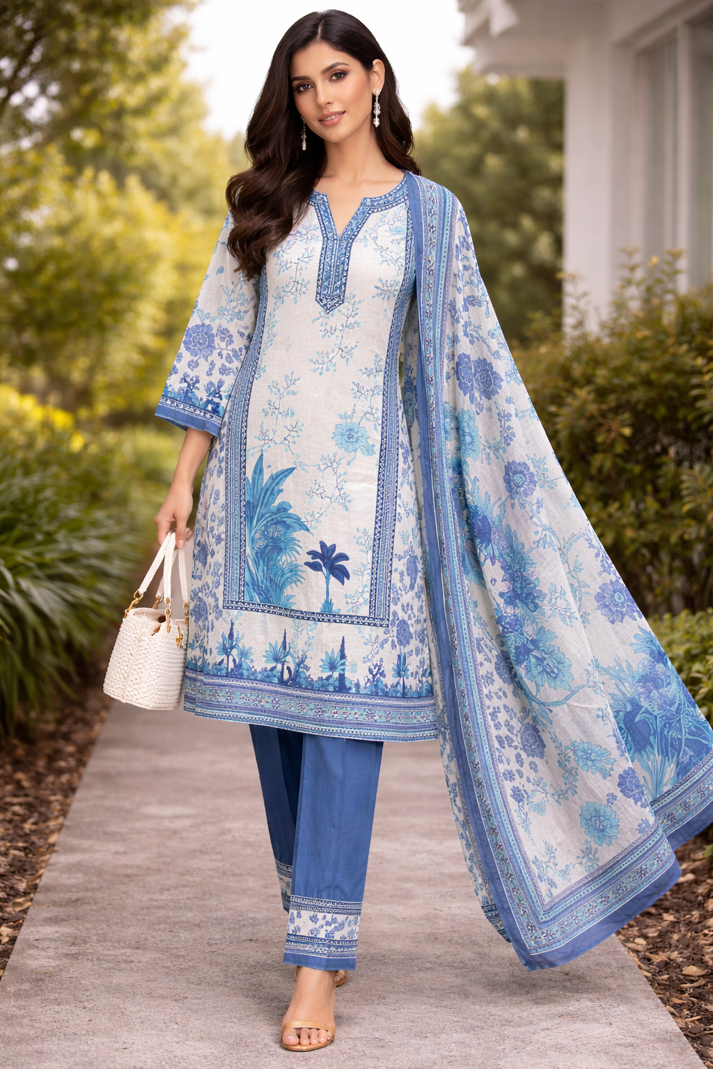 Blue Floral Printed lawn Kurta Set with Dupatta