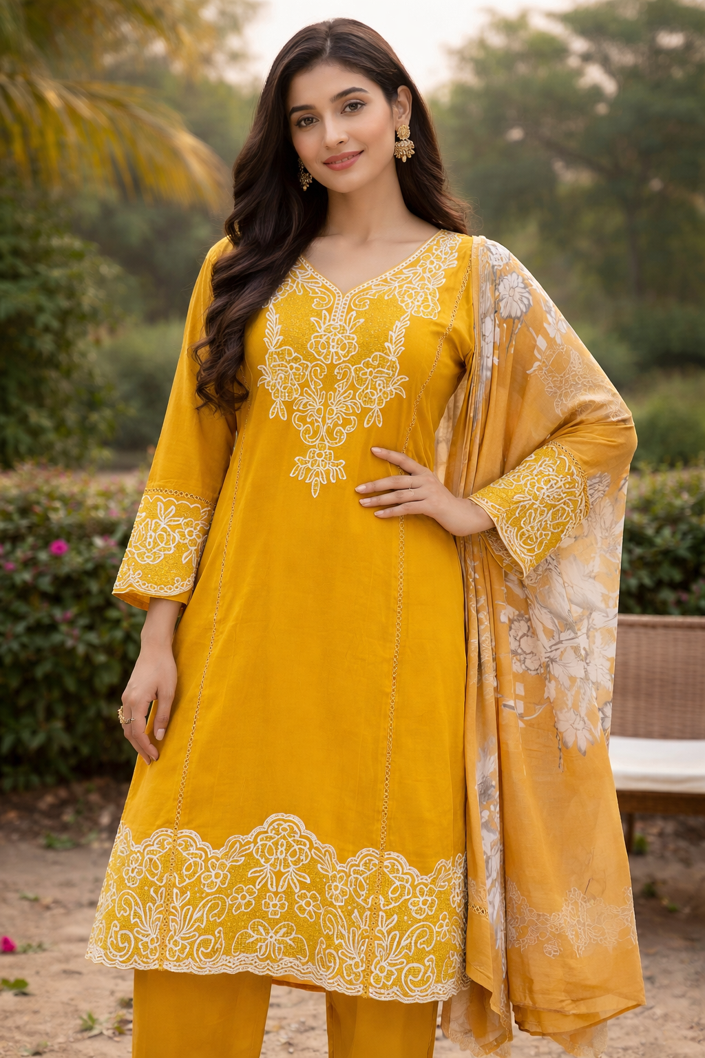 Mustard Yellow Embroidered Kurti Pant Set with Dupatta for Women