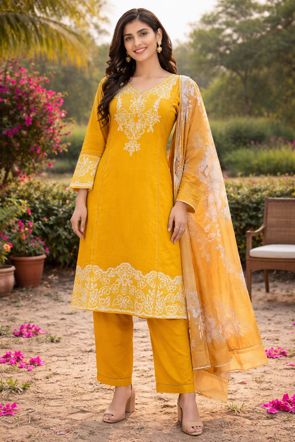 Mustard Yellow Embroidered Kurti Pant Set with Dupatta for Women