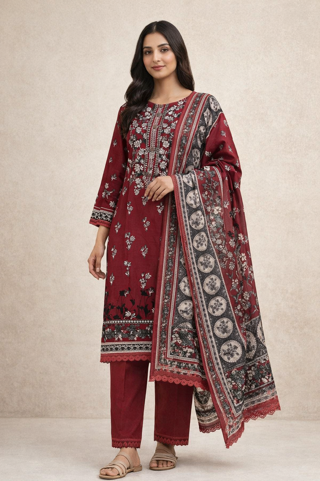 Maroon Cotton Printed lawn Suit Set