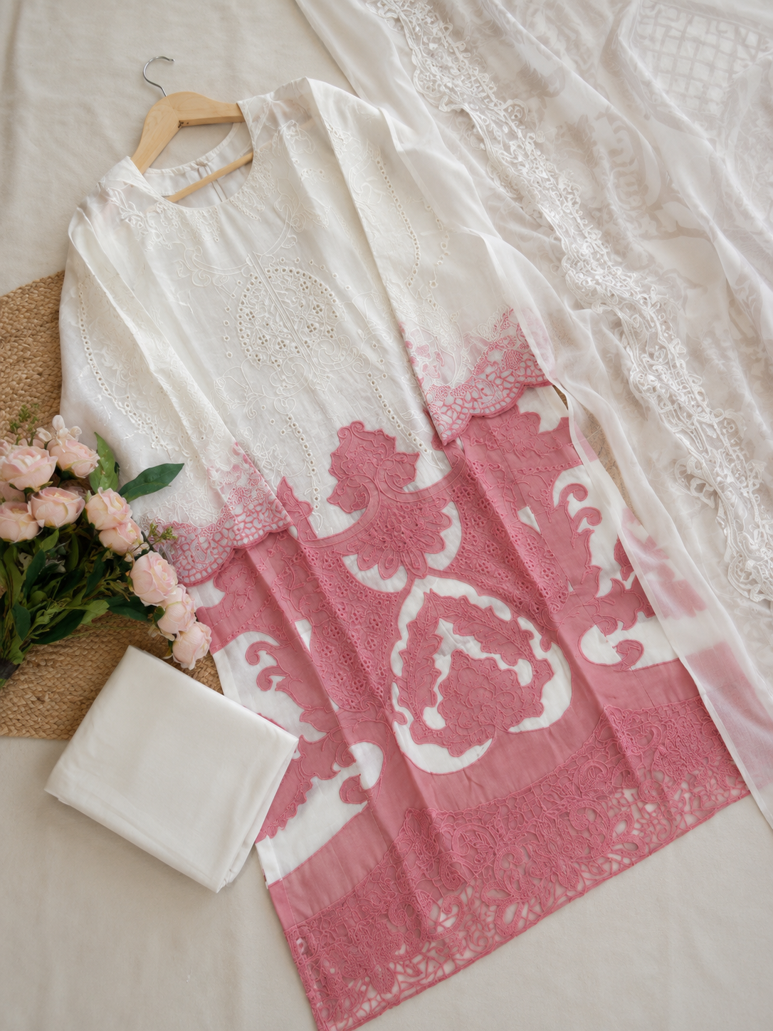 White Blush Pink MARIAB Embroidered Cotton Suit Set