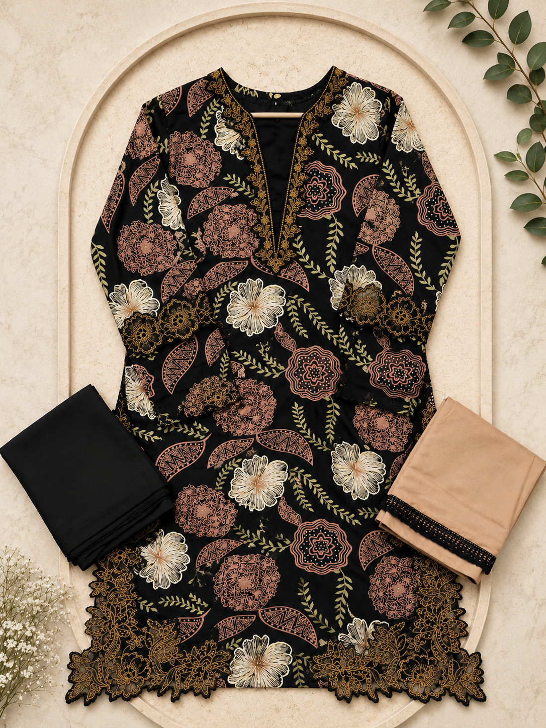 Floral Cutwork Suit Set – Black Beige