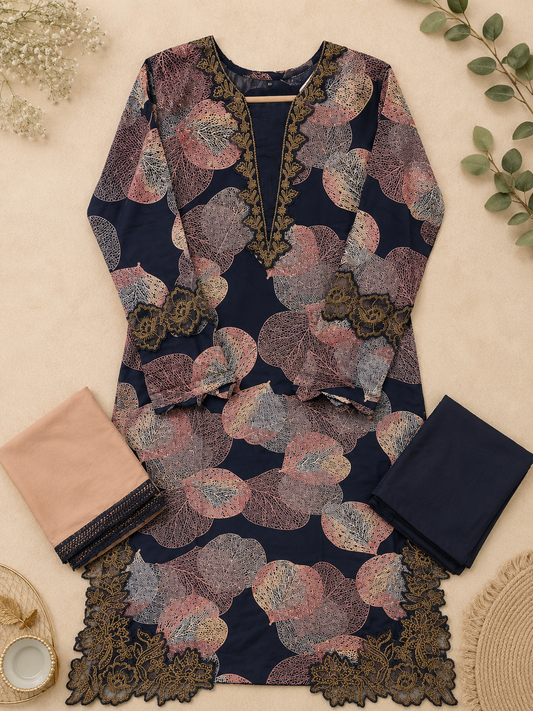 Leaf Cutwork Suit Set – Navy Gold