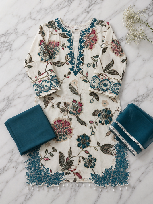 Ivory Teal Floral Cutwork Suit Set