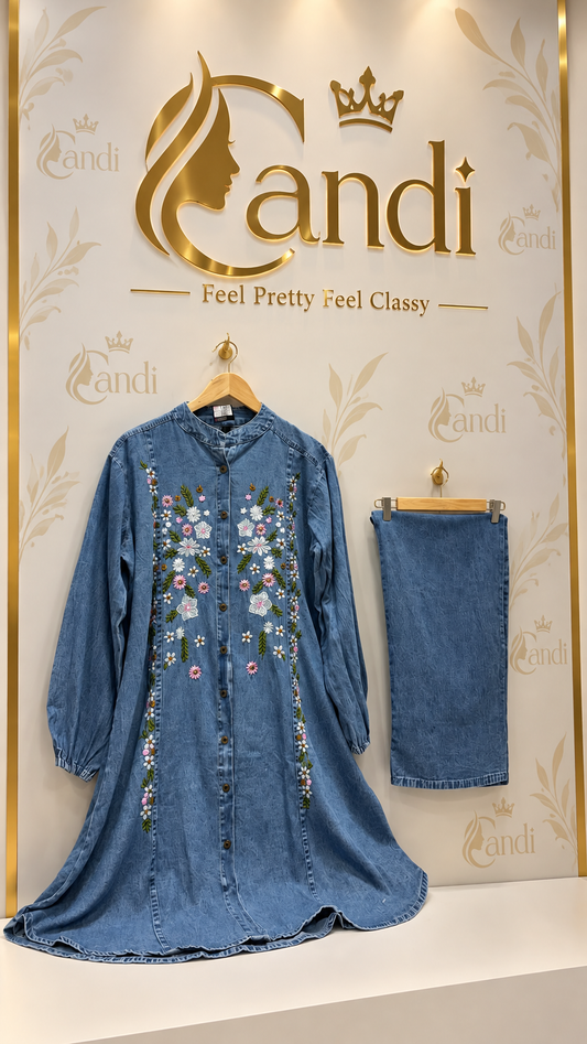 Blue Floral Embroidery Denim Co-Ord Set