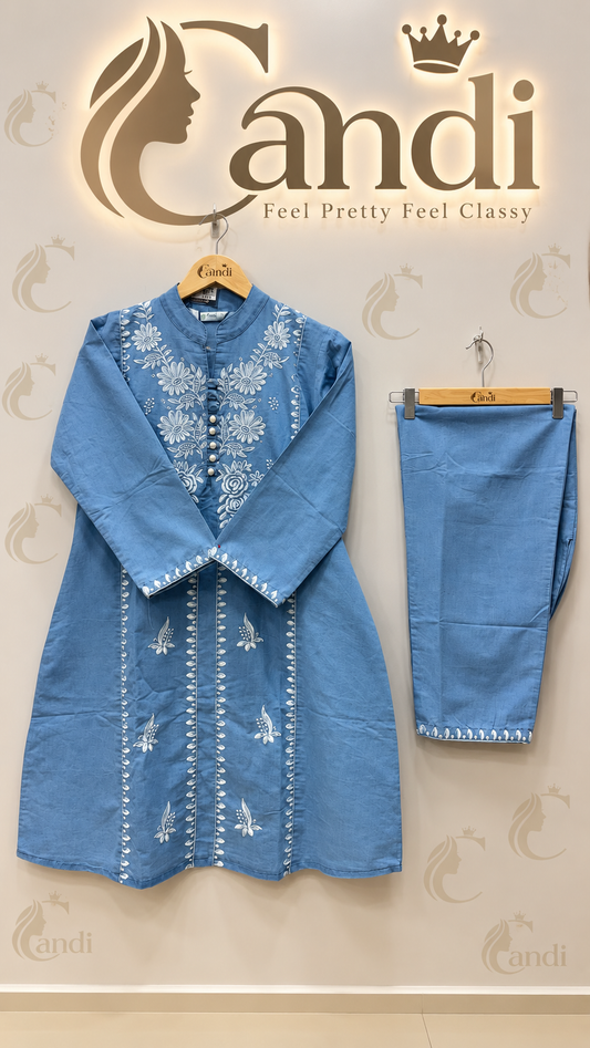 Blue Floral Embroidered Kurti Pant Set