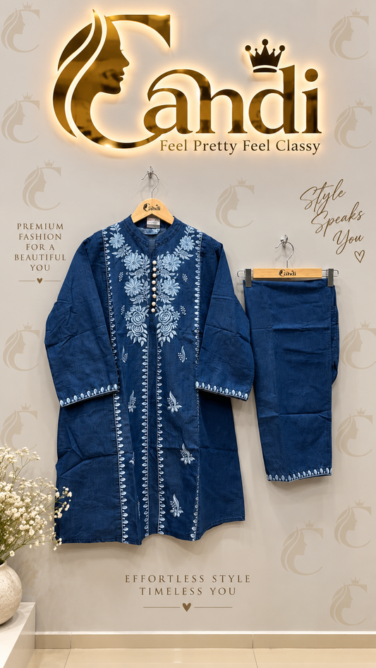Navy Blue Floral Embroidered Kurti Pant Set