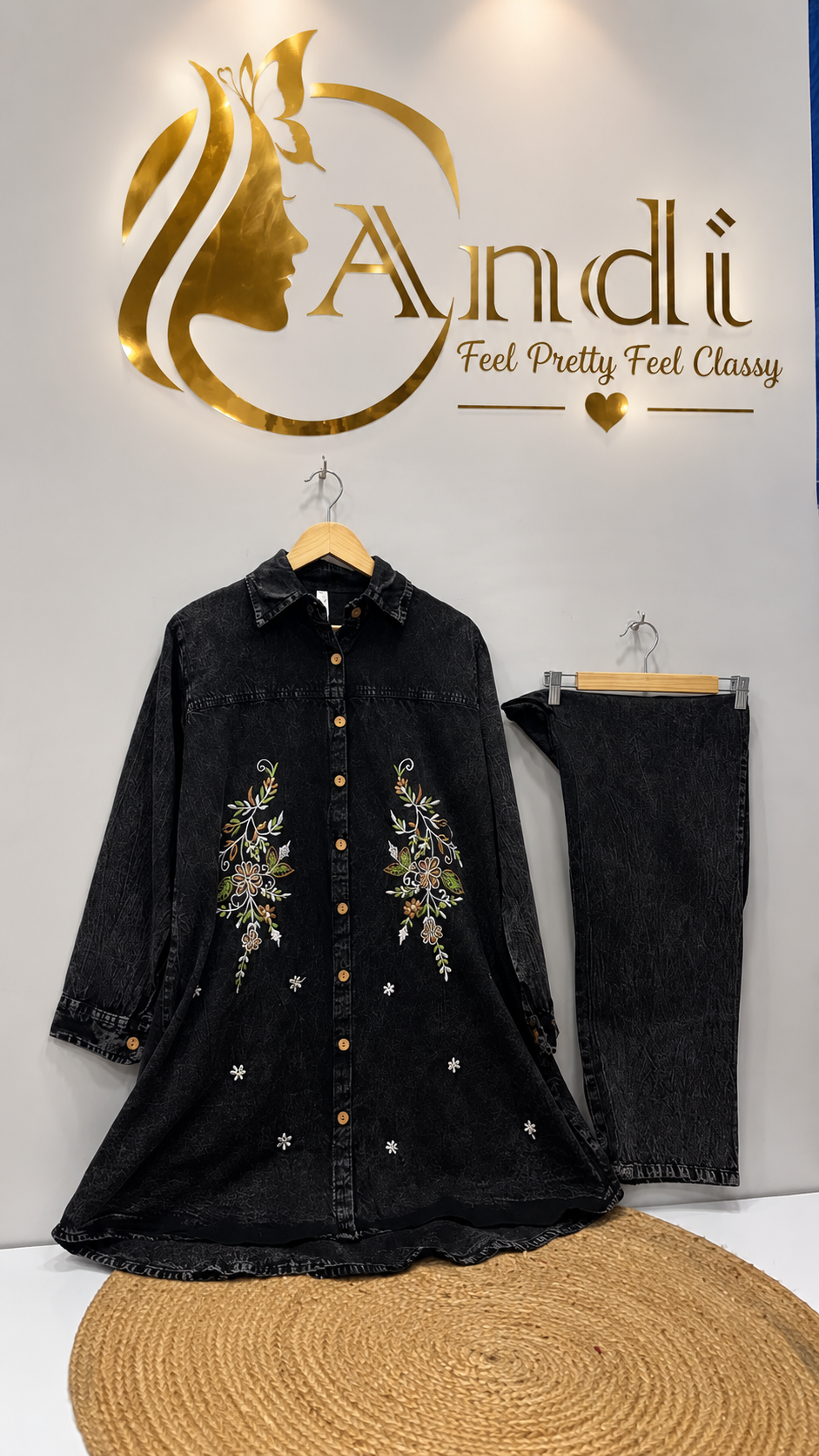 Black Floral Embroidered Denim Kurti Pant Set