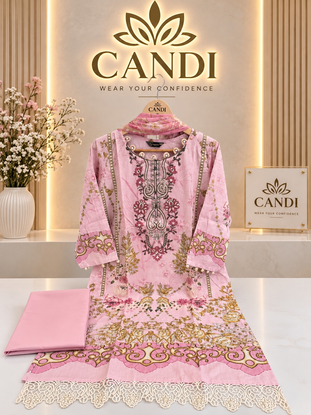 JAZMIN Heavy Patch Work Suit –Baby Pink Embroidered