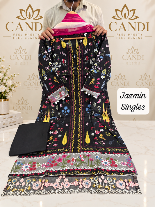JAZMIN Heavy Patch Work Suit –Black Multi Floral