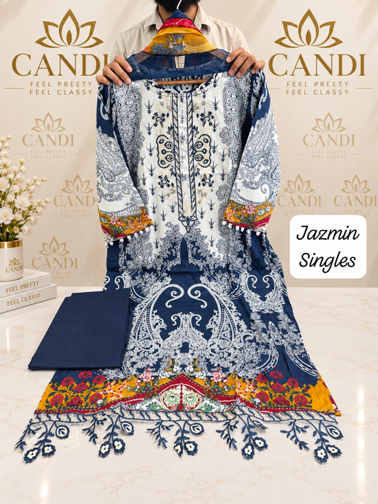 JAZMIN Heavy Patch Work Suit – Navy Blue White Print