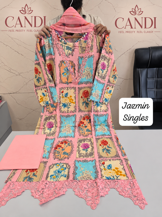 JAZMIN Heavy Patch Work Suit – Pink Multi Floral