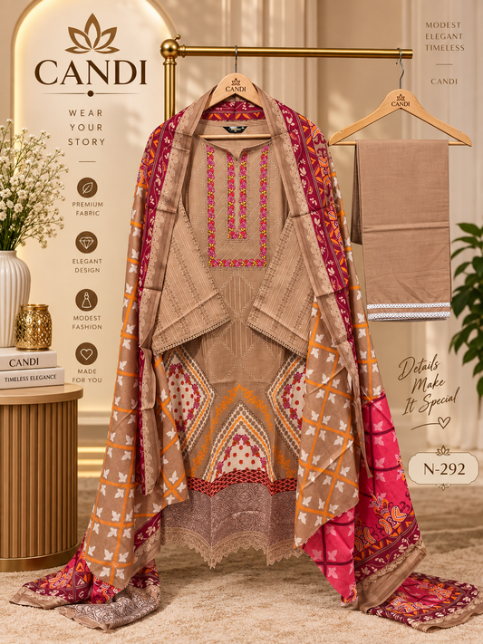Lawn Suit Set-Beige Printed