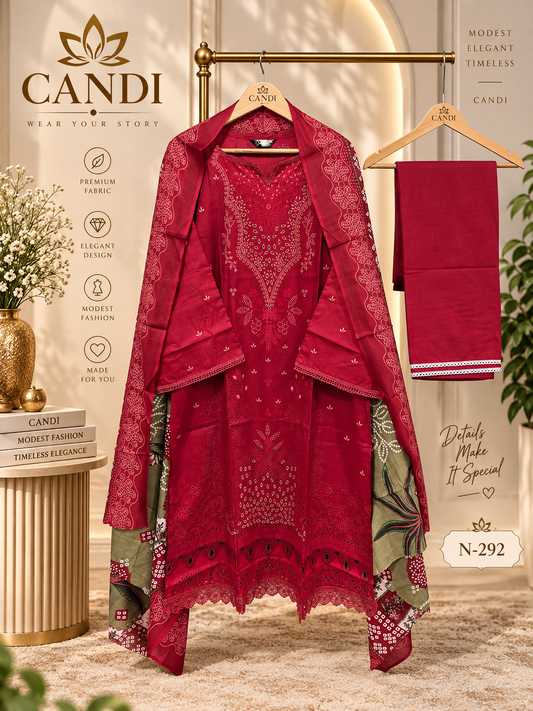 Lawn Suit Set-Red Printed