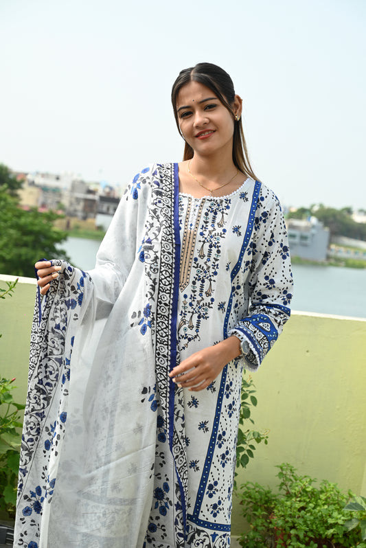 White & Blue Digital Print Kurti Pant Dupatta Set,
