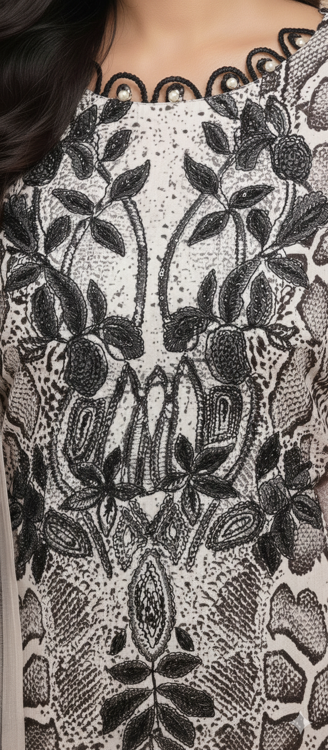 brown patch work pakistani digital peint kurti pant dupatta set