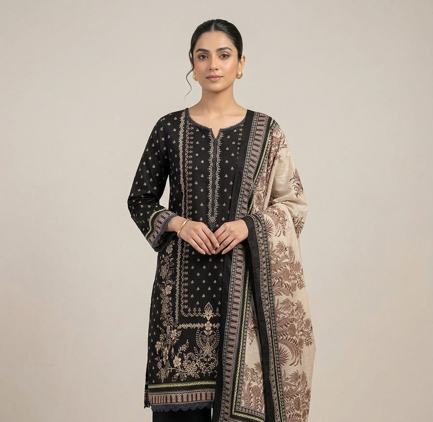 Black Cotton lawn Printed Kurta Set