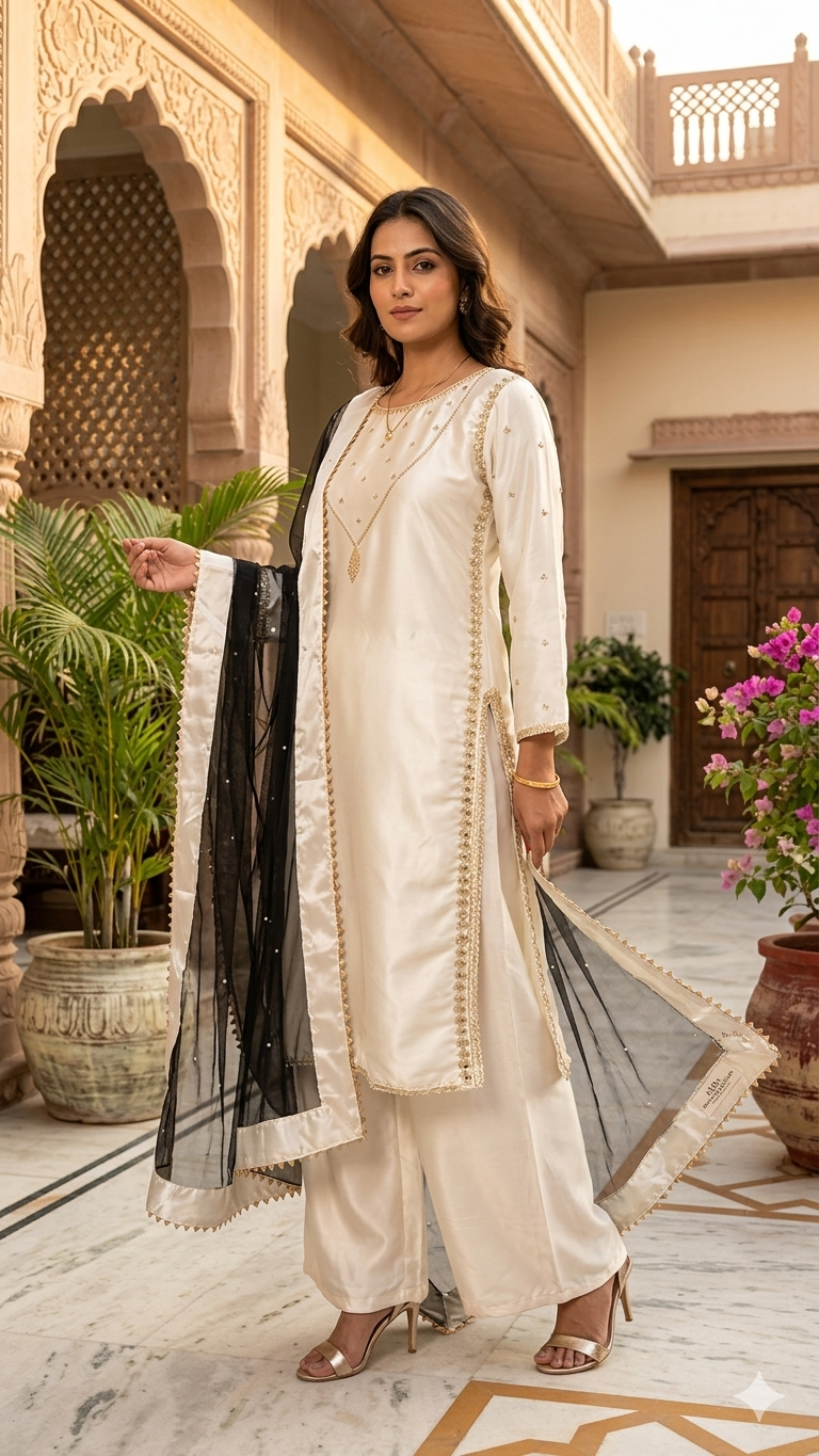 Ivory Silk Kurta Pant Set with Black Organza Dupatta & Zari Work