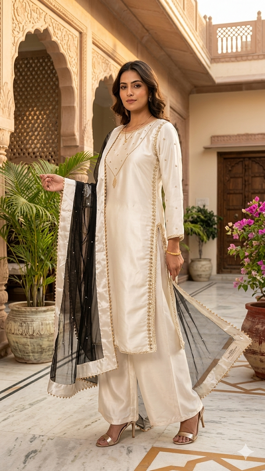 Ivory Silk Kurta Pant Set with Black Organza Dupatta & Zari Work