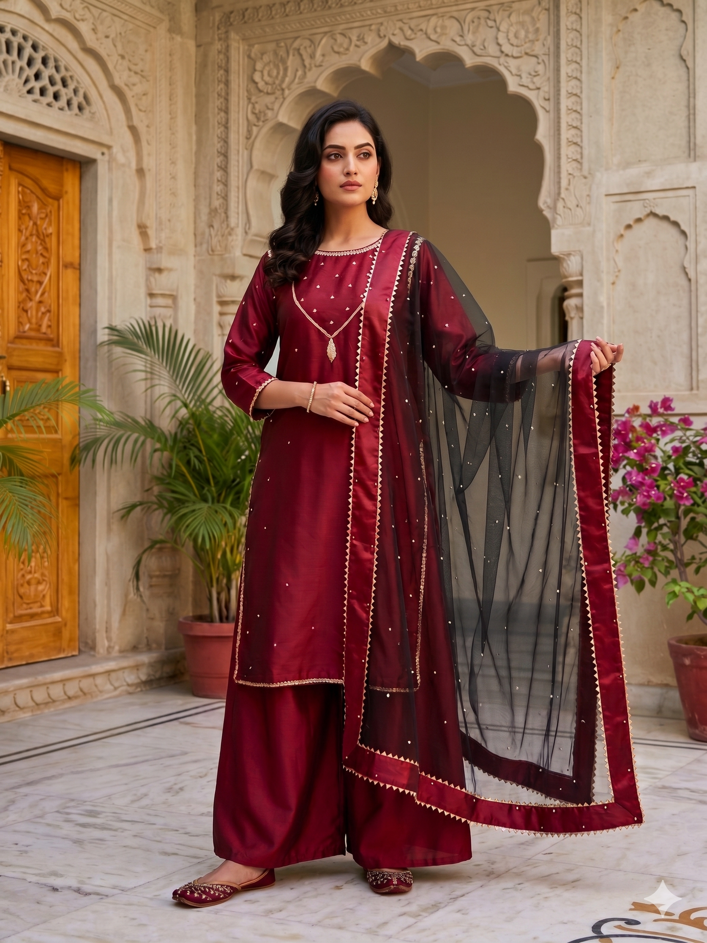 Wine Silk Kurta Pant Set with Organza Dupatta & elegant zari embroidery