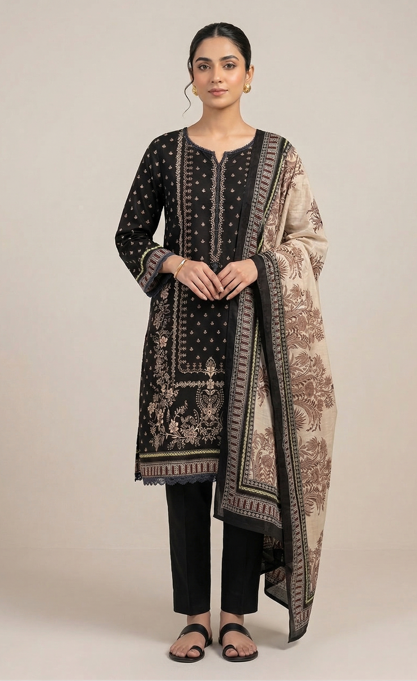 Black Cotton lawn Printed Kurta Set