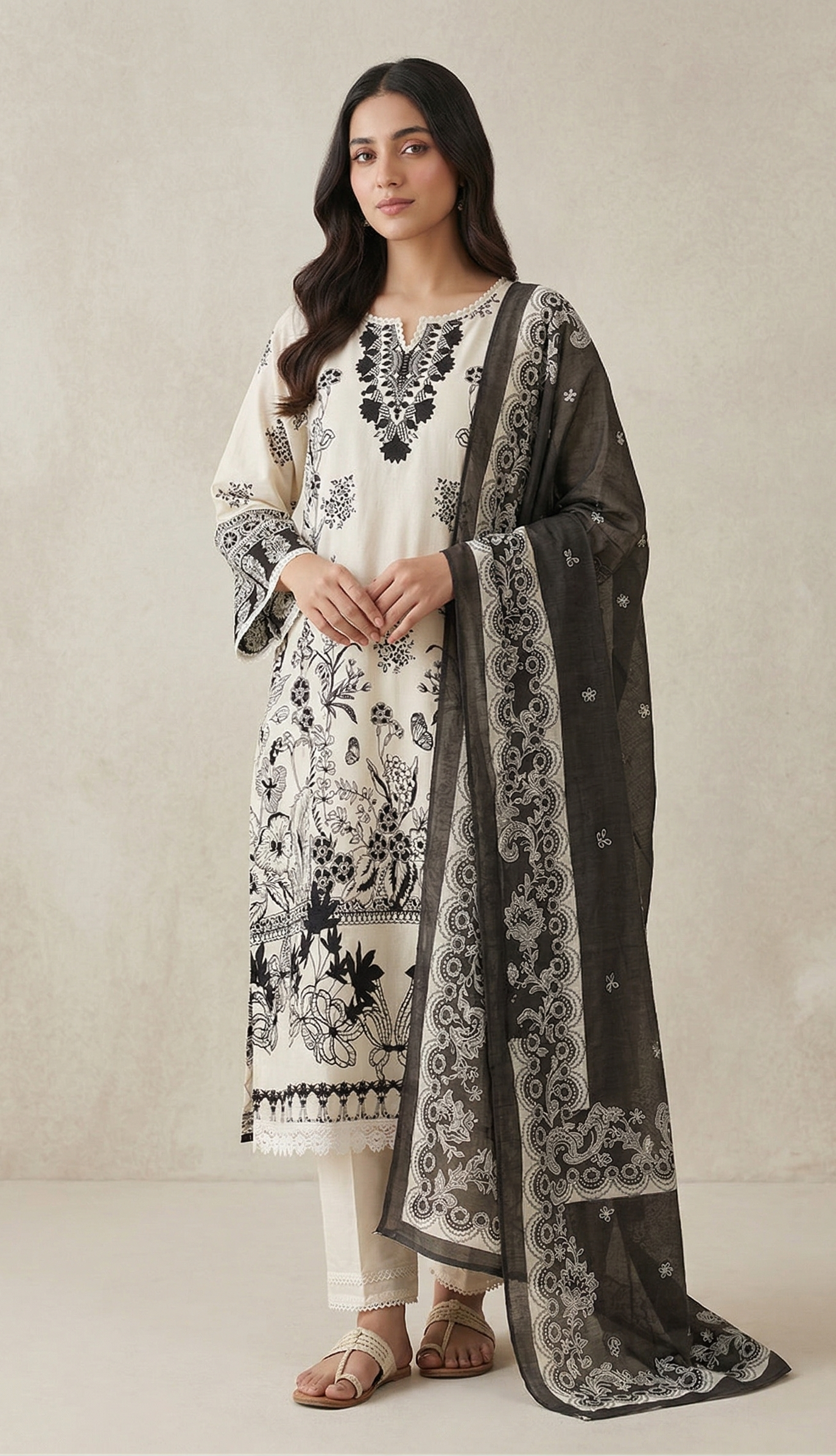 Black & White Cotton Printed lawn Suit Set