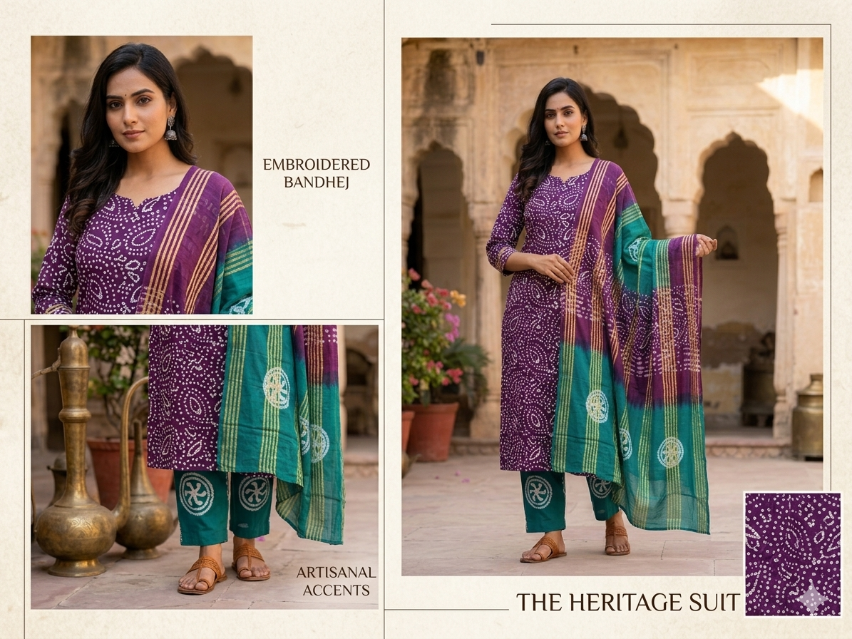 Cotton Bandhani Unstitched Suit Set – Maroon Kurti with Bottle Green Bottom & Dupatta