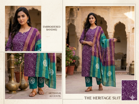 Cotton Bandhani Unstitched Suit Set – Maroon Kurti with Bottle Green Bottom & Dupatta