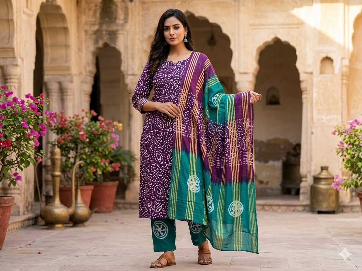 Cotton Bandhani Unstitched Suit Set – Maroon Kurti with Bottle Green Bottom & Dupatta
