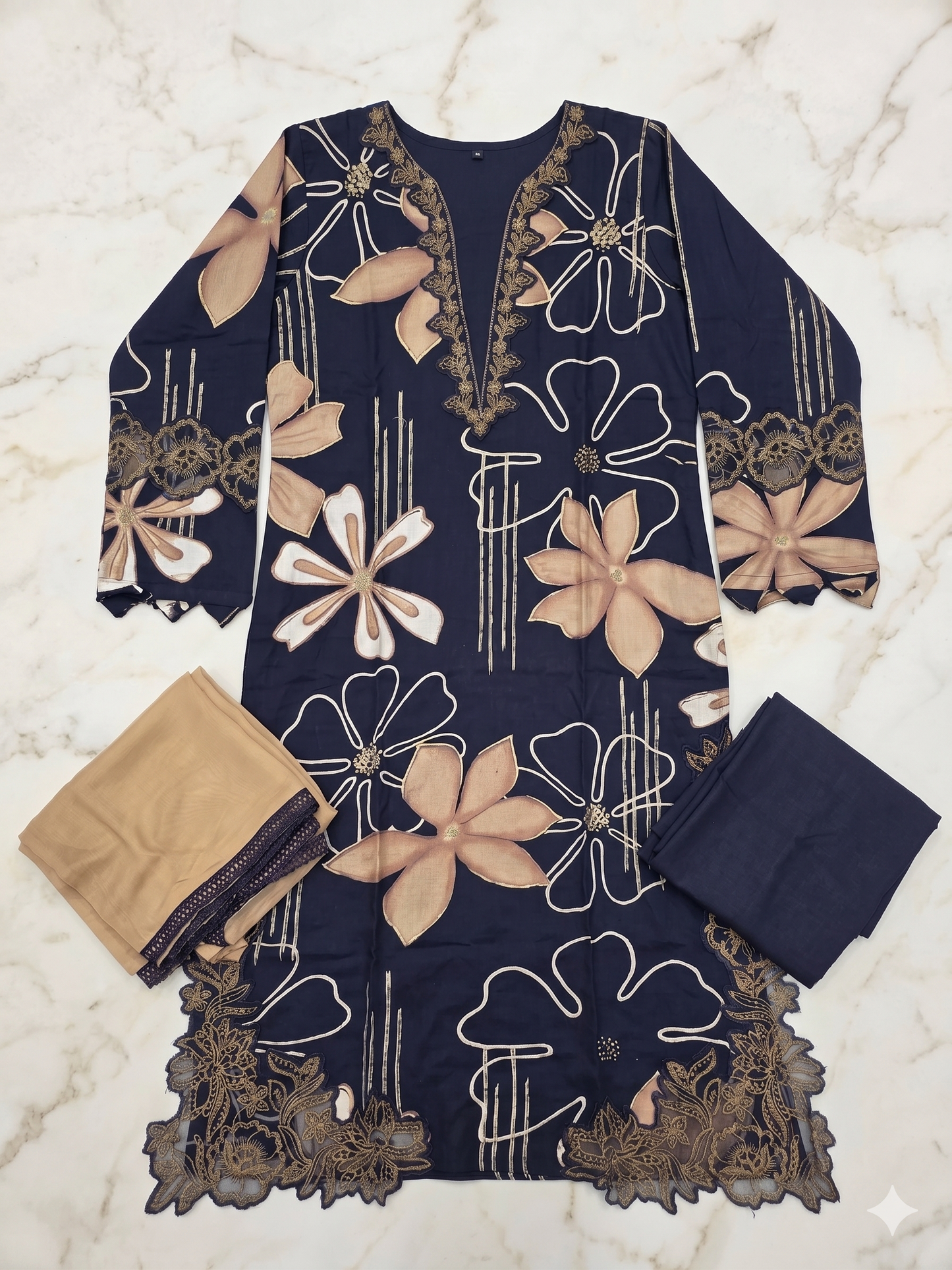 Floral Cutwork Suit Set – Navy Beige