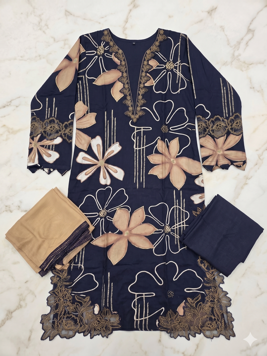Floral Cutwork Suit Set – Navy Beige